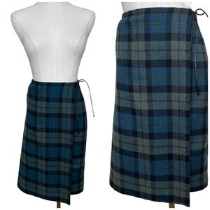 Vintage MIX IT Blue Plaid Wool Wrap Skirt 10 Tie Waist 90s Dark‎ Academia Grunge